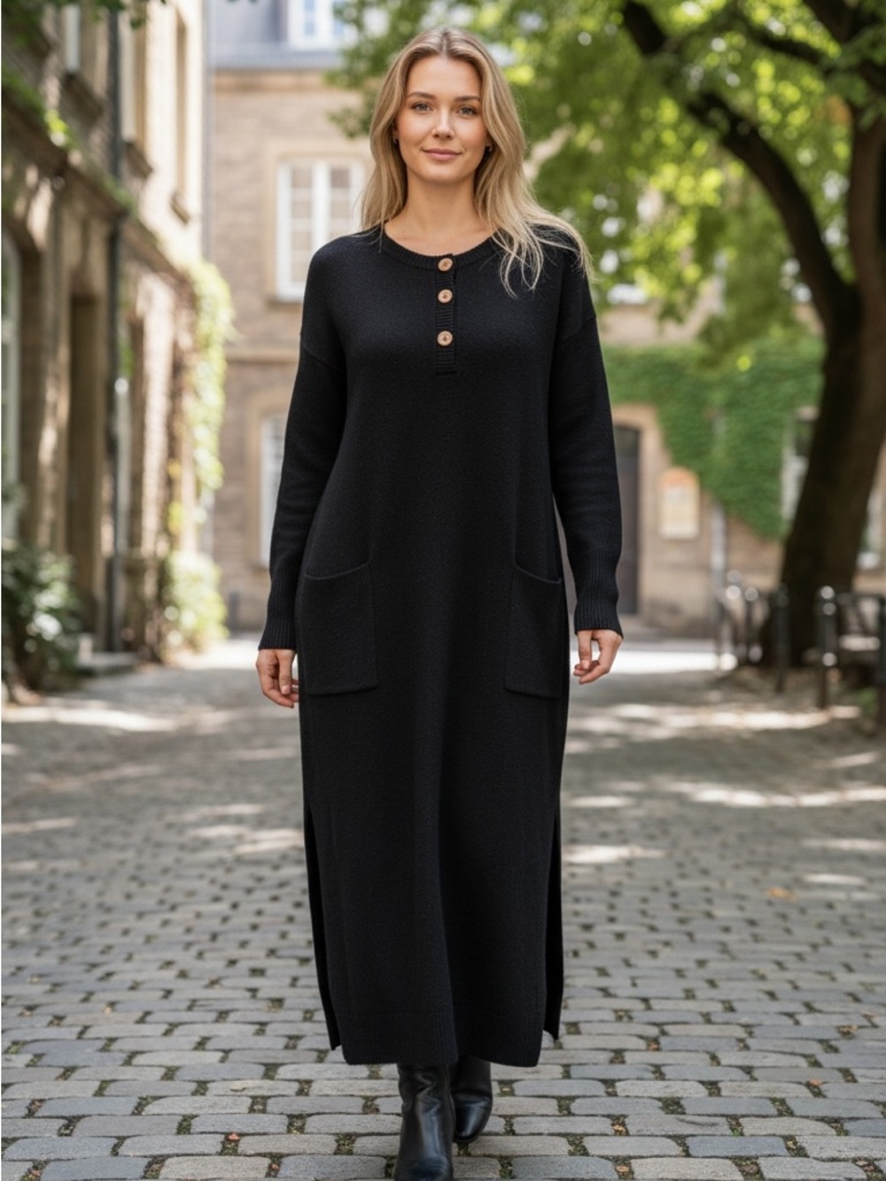 NATURAL LIFE Black Long Sleeve Knit Dress with Button Placket